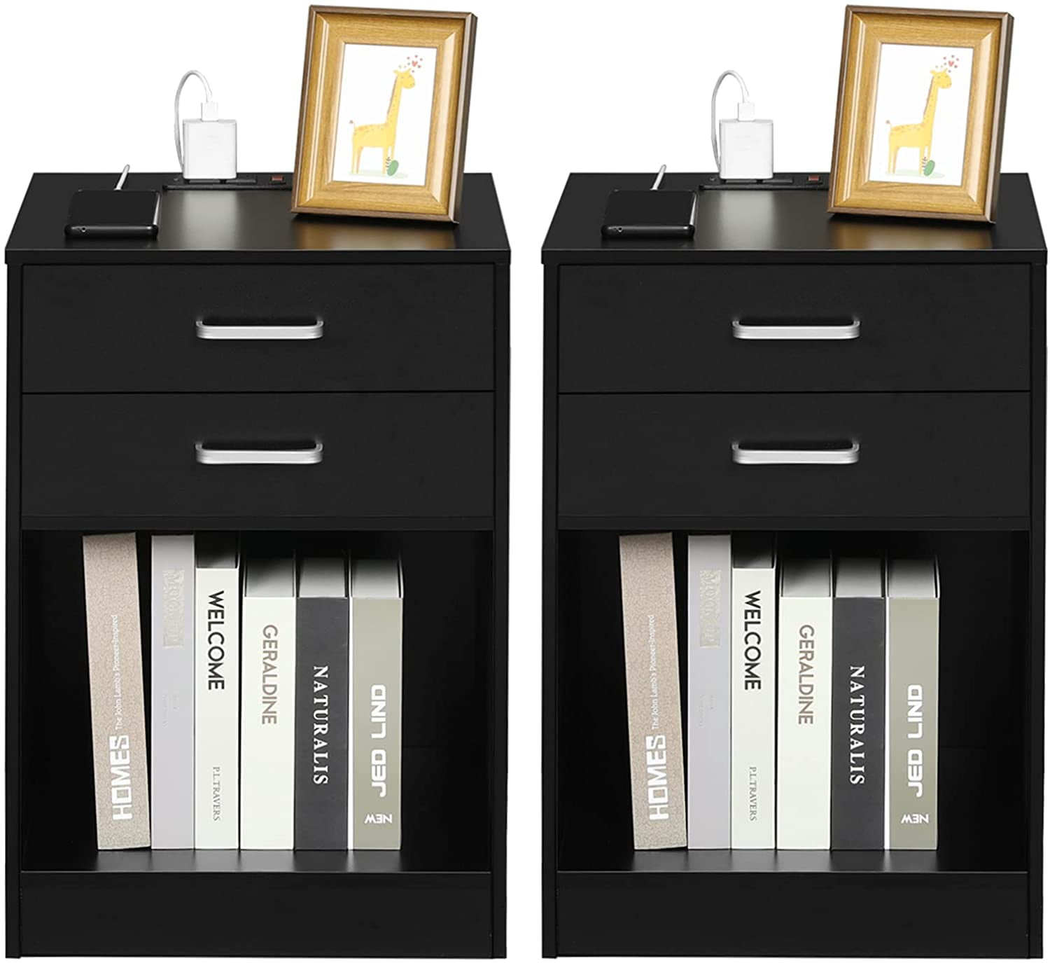 Nightstand Set of 2,Black Nightstand with Charging Station,Night Stands
