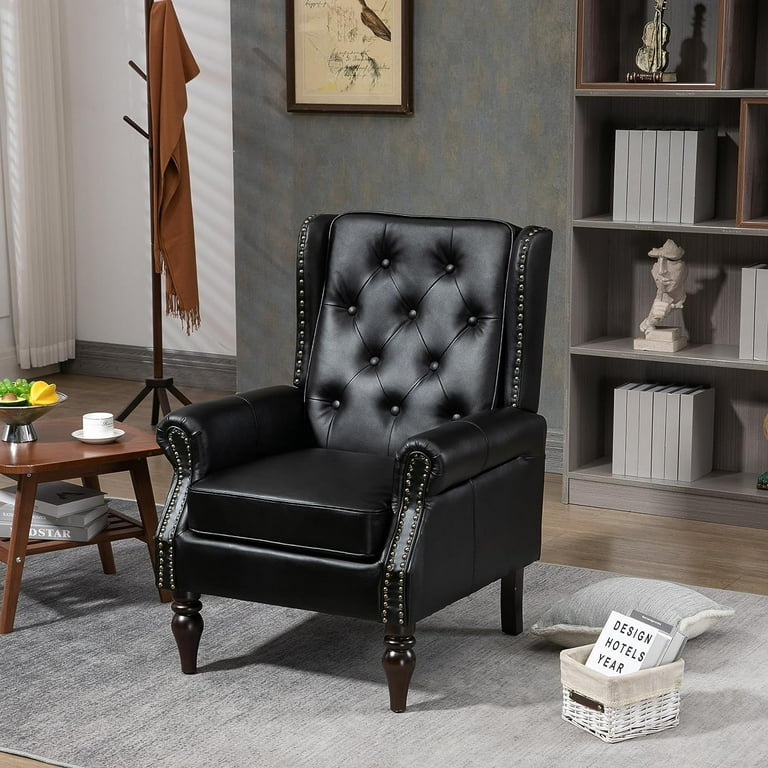 Wood Frame Armchair Modern Accent Chair High Back Lounge Chair with Nailhead Trim and Buttoned Backrest Black PU Leather