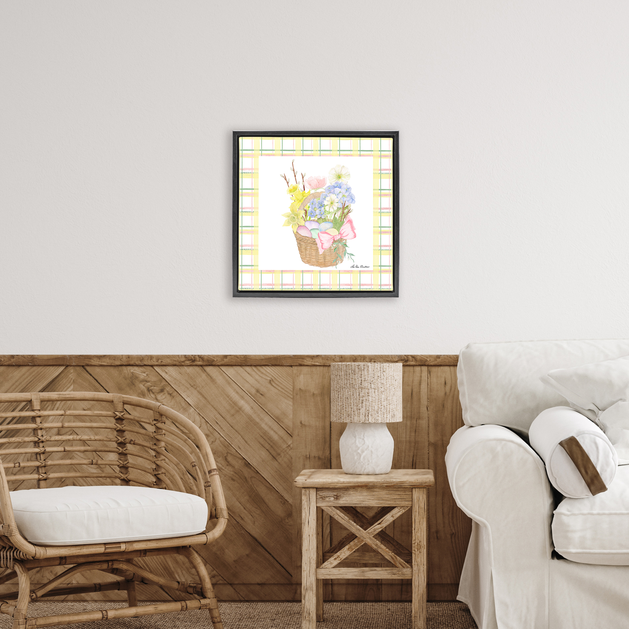 Spring Basket on Plaid Black Framed Floater Canvas Wall Art, design by Lee Ann Sanders