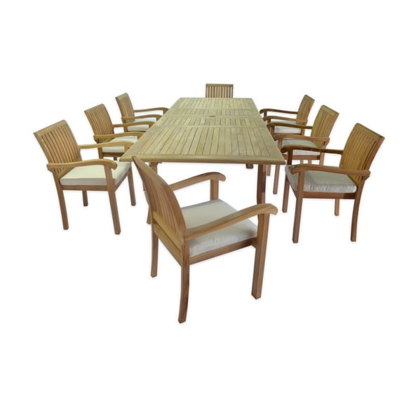 9 PC A Grade Outdoor Patio Teak Dining Set - 117" Double Extension Rectangle Table & 8 Naples Stacking Arm Chairs