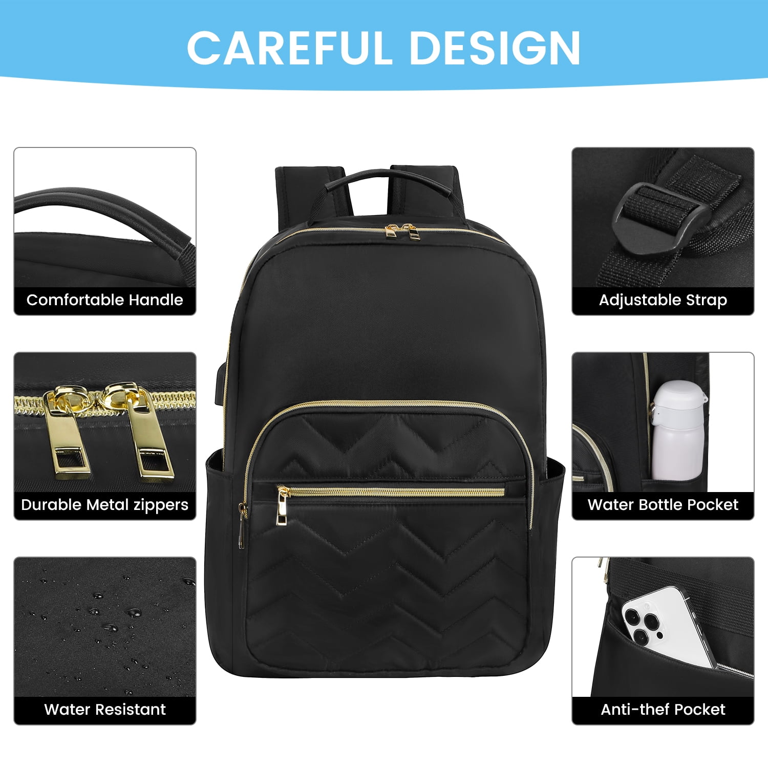 CshidWorld Laptop Travel Backpack, Water Resistant College Work Backpack for Men/Women Laptop Bag with USB Charging Port, Fits 15.6 Inch Laptops, Black