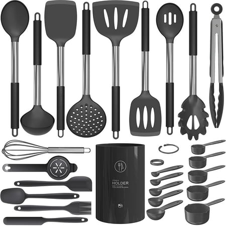 

Silicone Cooking Utensils Set - Heat Resistant Stainless Steel Kitchen Utensils Baking Tools Kitchen Gadgets Turner Tongs Spatula Spoon Brush Whisk Non-Stick Friendly Dishwasher Safe (