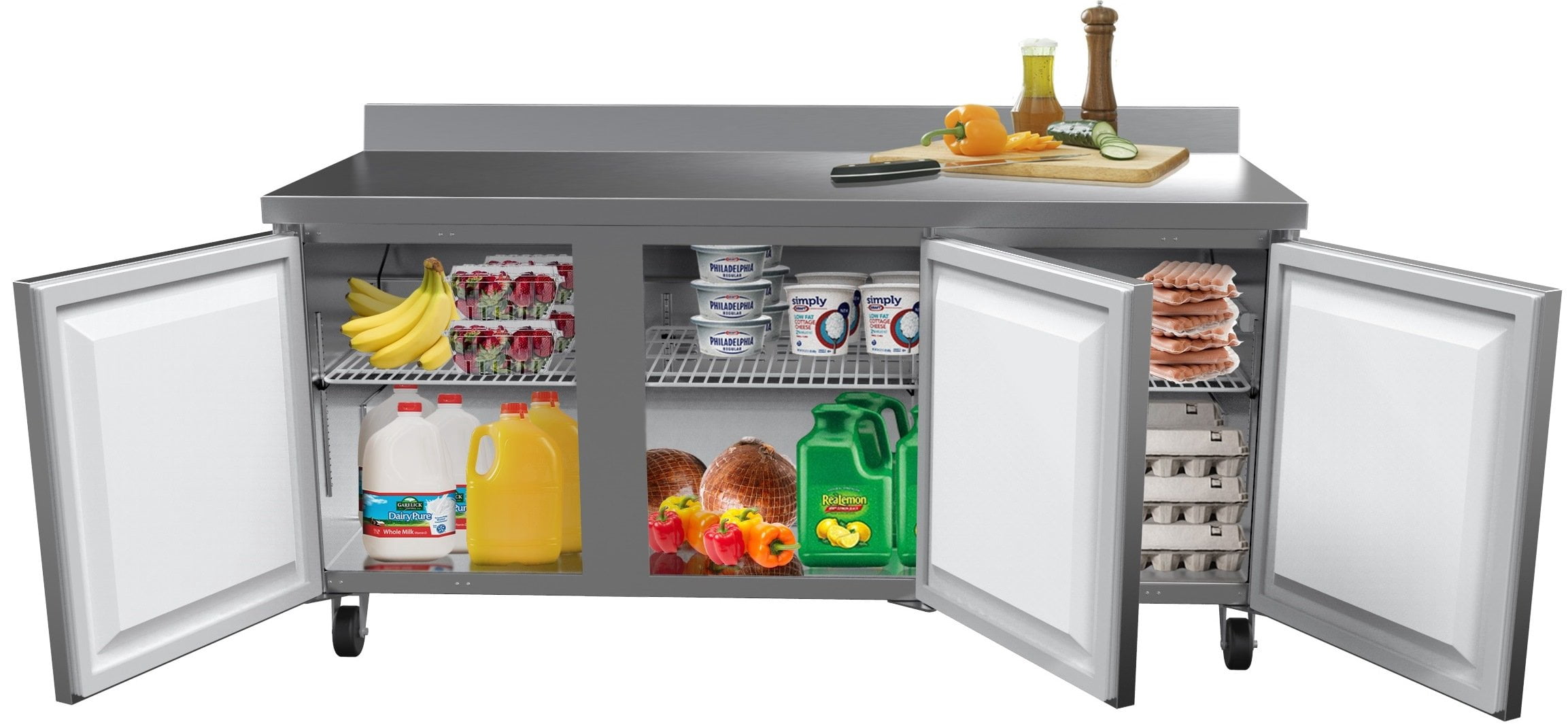 KoolMore 72" Stainless Steel 3 Door Worktop Commercial Refrigerator with 3 1/2 Backsplash - 16.9 cu.ft