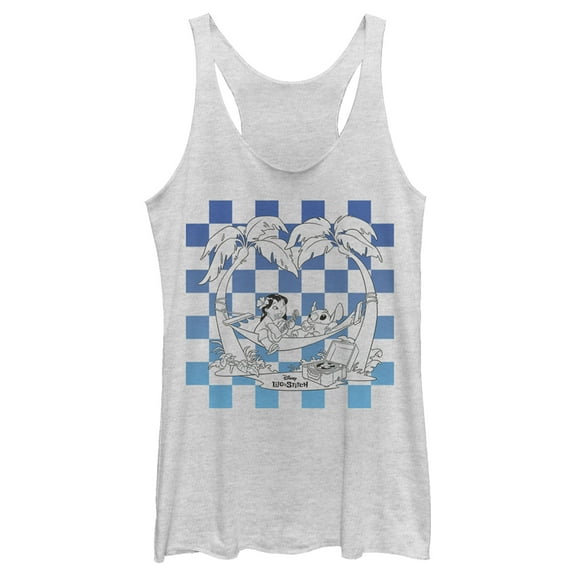 Women's Lilo & Stitch Blue Checkered Palm Trees Racerback Tank Top White Heather Medium