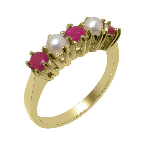 LBG British Made 9k Yellow Gold Natural Ruby & Cultured Pearl Womens Anniversary Ring - 33 size options - Size 12