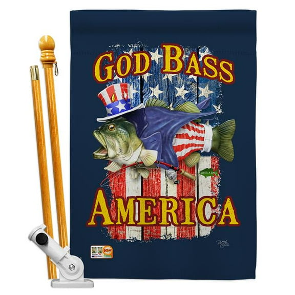 Breeze Decor BD-PA-HS-111087-IP-BO-D-US18-SB 28 x 40 in. God Bass America Americana Patriotic Impressions Decorative Vertical Double Sided House Flag Set & Pole Bracket Hardware