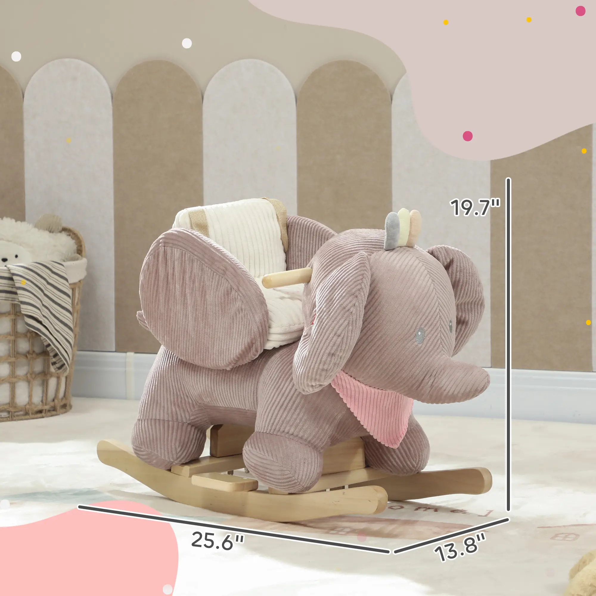 Kid's Plush Elephant Rocking Horse, Brown with Lullaby 3-Point Safety Belt, Solid Wood Base Steel Frame 55 lbs Capacity for 12+ Months 18-36 Months Toddlers