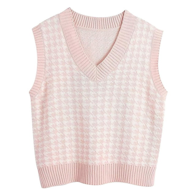 Women Casual Print Sleeveless V Neck Ribbed Knit Split Pullover Sweater Vest Blouse
