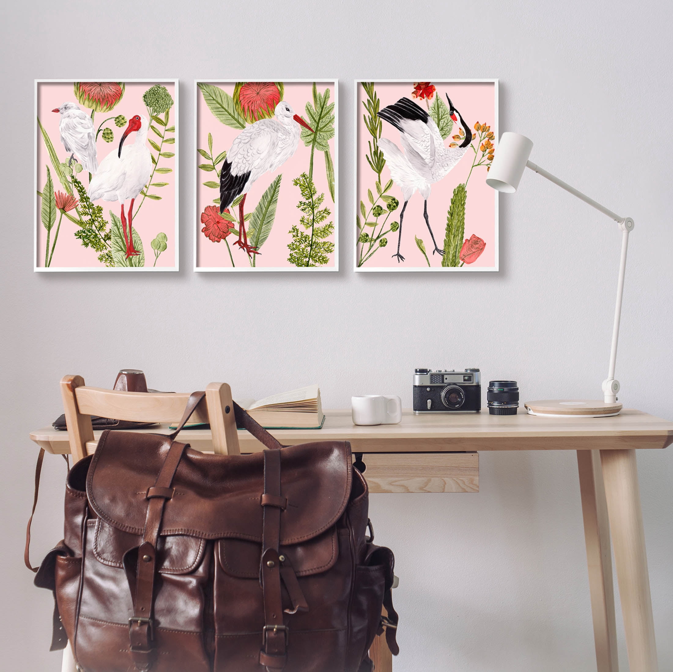 Stupell Industries Crane Bird Pink Botanicals Graphic Art White Framed Art Print Wall Art, Set of 3, Design by Melissa Wang