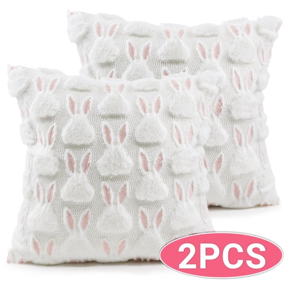 Easter Pillow Covers Bunny Throw Pillow Farmhouse Easter Party Favors Decorative Soft Plush Faux Fur Peeps Pillow Cases for Home Couch Room Décor 18x18 inch 2-Pack White