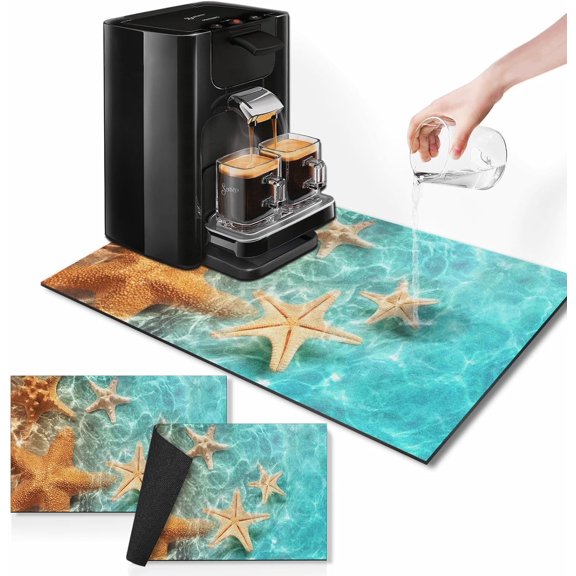 Starfish Summer Beach Coffee Mat for Countertops, Shell Blue Ocean Dish Drying Mat 2 Pcs for Kitchen Coffee Bar Accessories Fit Under Coffee Maker Espresso Machine Dish Rack Hide Stain Rubber