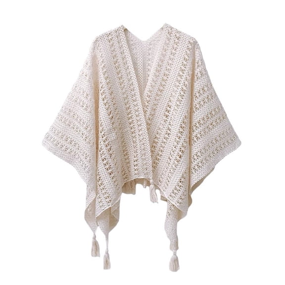 MSJUHEG Women's Vintage Crochet Knit Poncho 3/4 Pleated Sleeves Lightweight Cardigans Light Weight Cardigan Loose Cardigan Crochet Shrug Crochet Knit Shiny Mesh Top Sheer Cover Up Top Beige One Size
