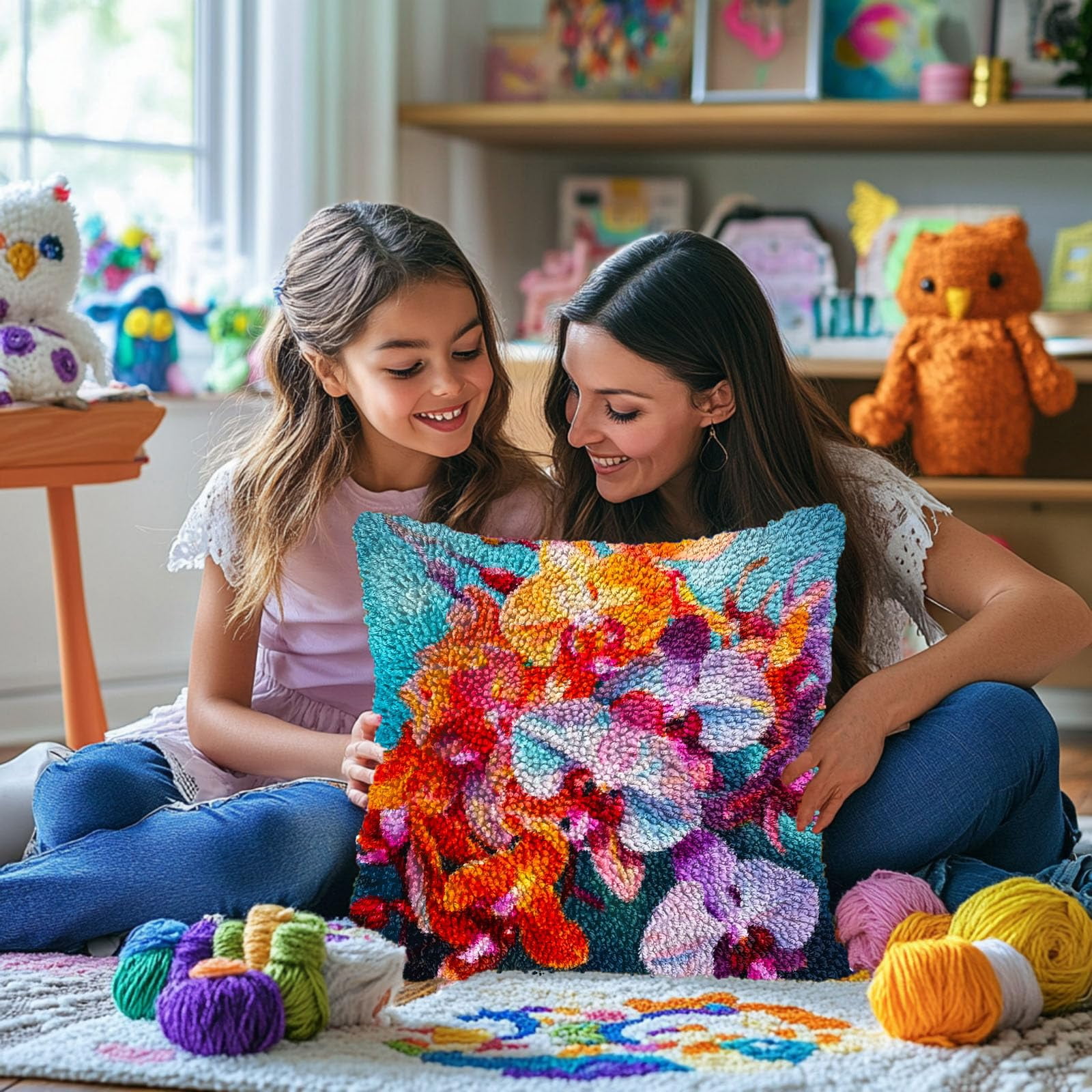 Butterfly Orchid Flowers DIY Latch Hook Pillow Kits for Adults Printed Pillowcase Crochet Yarns Hooking Handmade Pillow Cover Cushion for Home Sofa Decoration 17x17inch