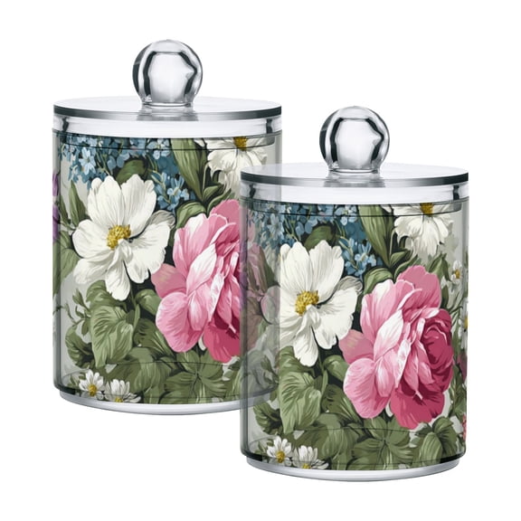Purple White Pink Florals Vintage Translucent Plastic Cans Storage Canisters with Lid Set of 2