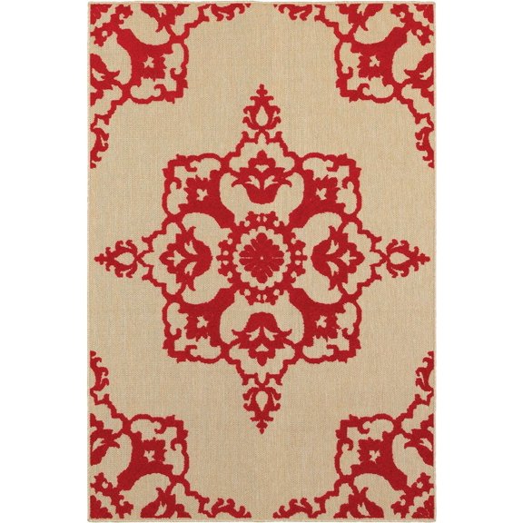 Oriental Weavers Cayman Indoor/Outdoor Rug - 097R9 - 3'10" x 5'5" - in Sand/ Red - Global Style, Multi-Level Pile, Water, Stain and Fade Resistant, Hose Clean, Patio, Outdoor Living Rug