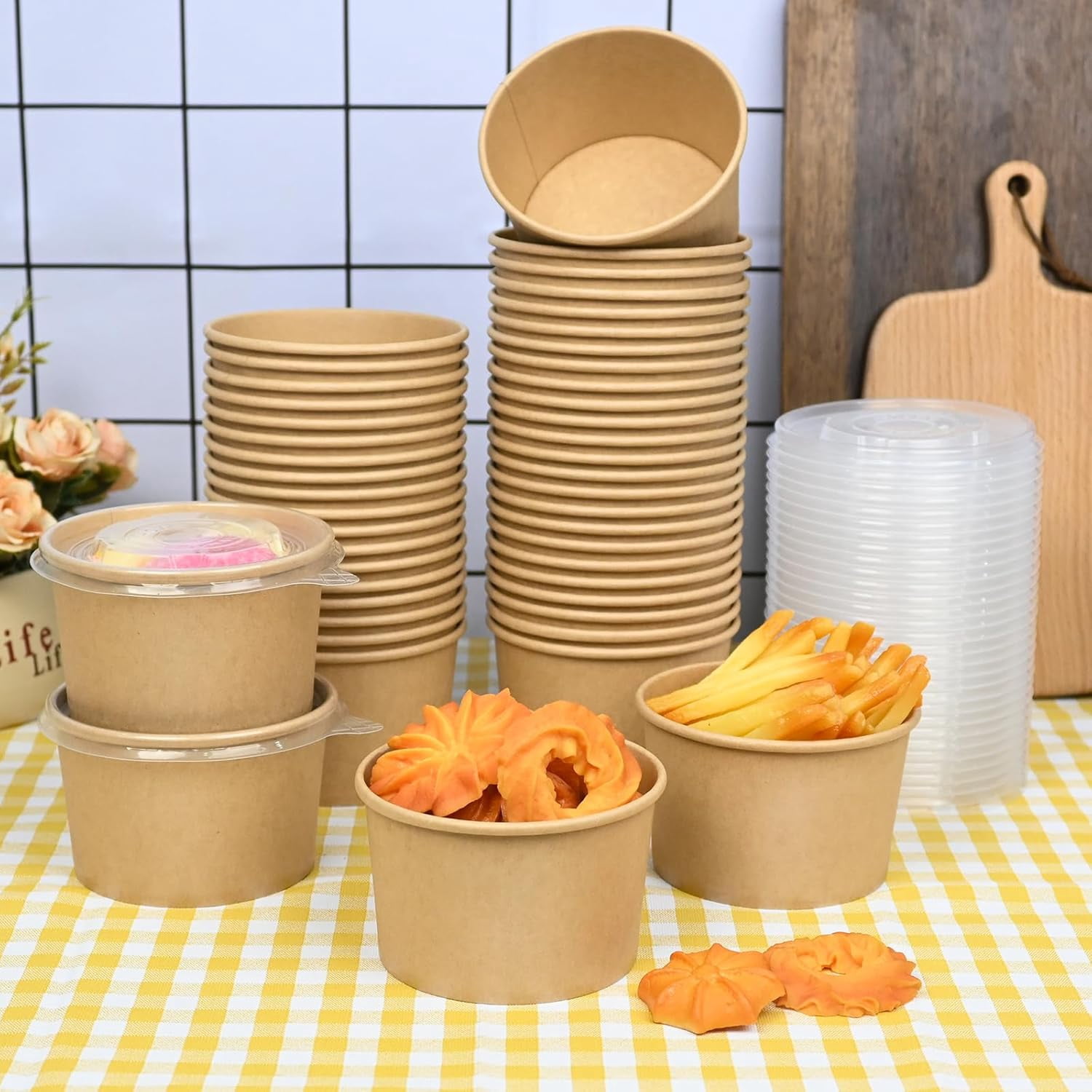 Paper Ice Cream Cups with Lids, 50 pcs 16oz Disposable Dessert Bowls with Lids for Hot or Cold Food, Paper Snack Containers for Sundae, Frozen Yogurt, Soup (Brown)