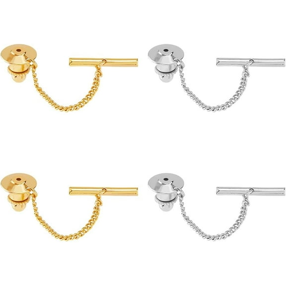 1Box 4Pcs 2 Colors Men's Brass Tie Tack Clutch with Chain Wedding Business Accessories Platinum & Golden 5.4cm 2pcs/color