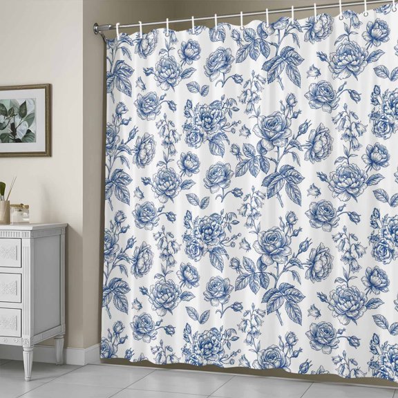 Shower Curtain,Watercolor Blue Rose Flower Leaf Waterproof Fabric Bath Curtains with Hooks Vintage Pastoral Botanical Washable Bathroom Shower Curtains for Home Hotel Decor,72x72 Inch