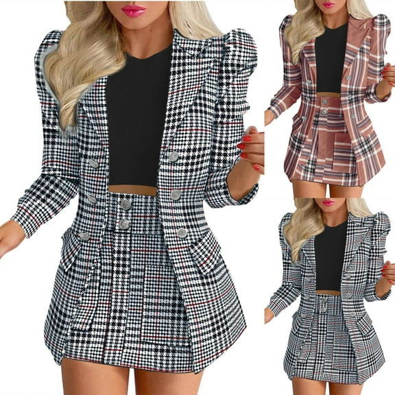 YM Women's 2 Piece Outfits, Plaid Skirts for Women Long Sleeve Casual Suits Button Work Coat High Waist Blazer Jacket and Mini Skirt Set
