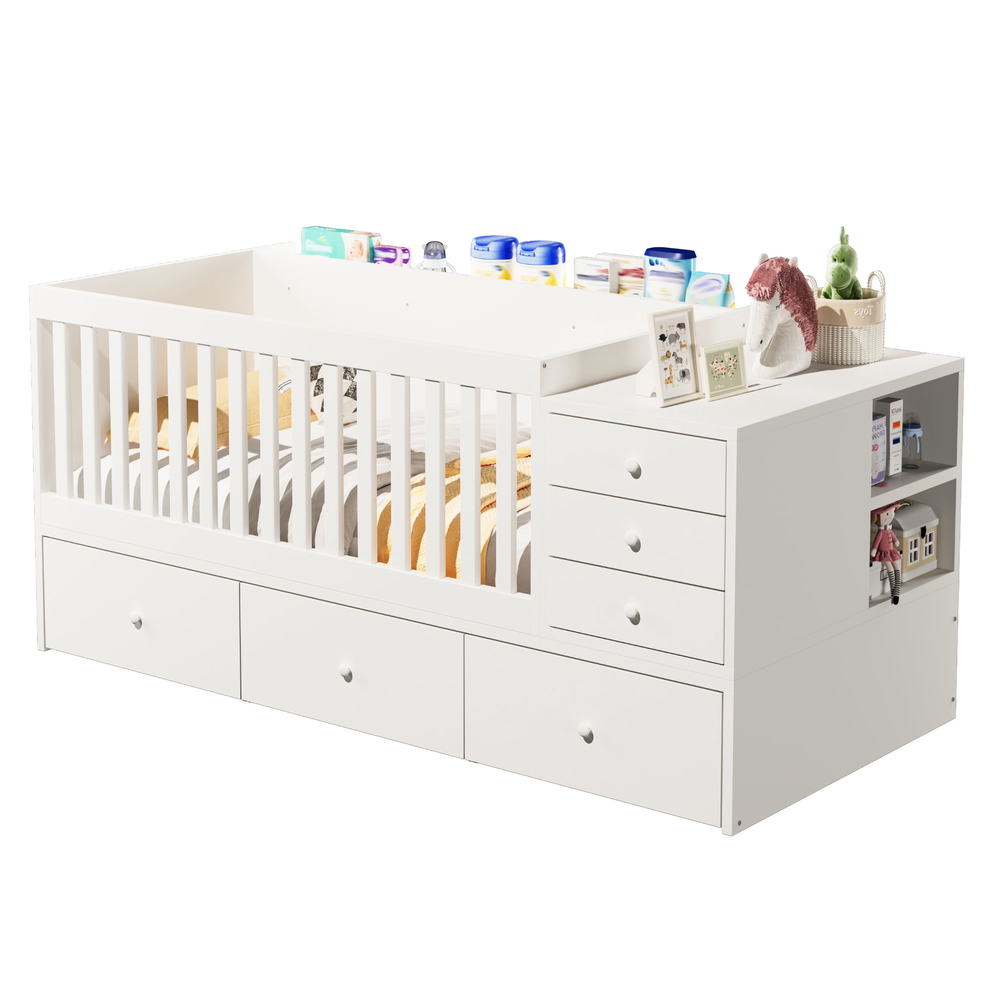 Euroco Wood Toddler Daybed with Drawers and Cabinets, 2-in-1 Crib with Movable Guardrails, White