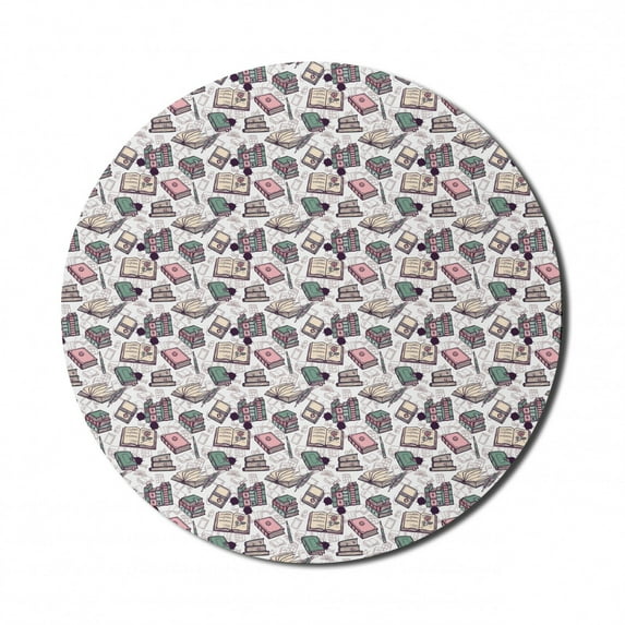 Retro Mouse Pad for Computers, Vintage Style Old Books Pens and Related Silhouettes on Plain Background, Round Non-Slip Thick Rubber Modern Mousepad, 8" Round, Pearl and Multicolor, by Ambesonne
