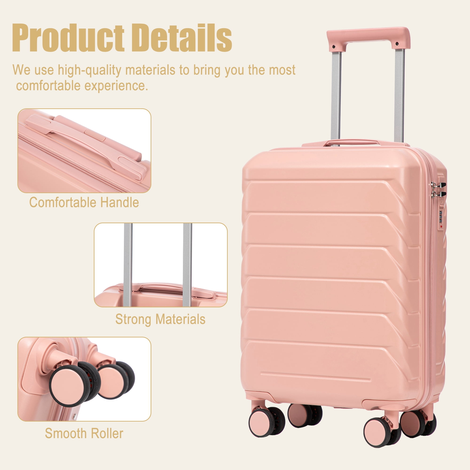 Alvantor 20inch Luggage, ABS Scratch Resistant Checked Suitcase with 4 Spinner Wheels and Lock, Pink