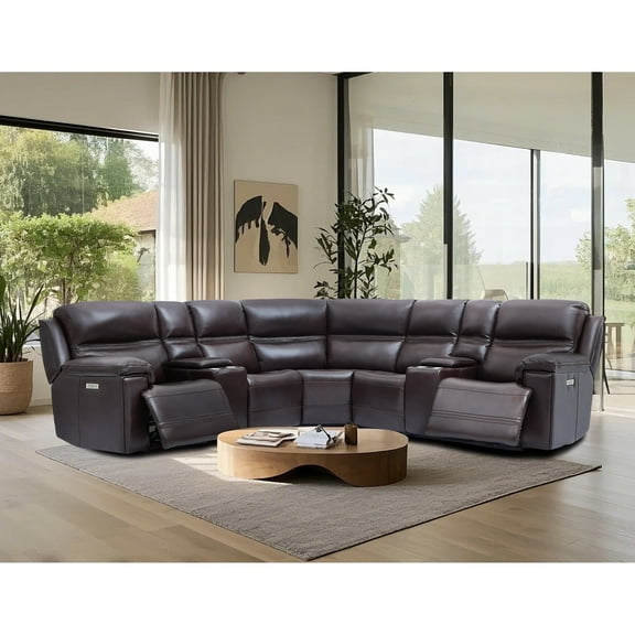 5-SEATS L-Shaped Genuine Leather Dual Power Reclining Sectional Sofa with Two Consoles, Adjustable Headrest, Reclining Positions USB & USB-C Port
