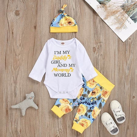 

Baby Girls Letter Floral Print Clothes Romper Pants Hat Outfits Set