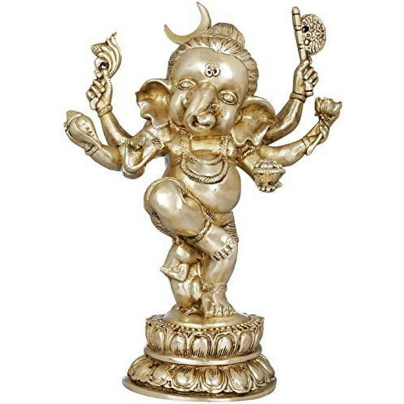 Exotic India Six Armed Dancing Chandra Ganesha - Brass Statue