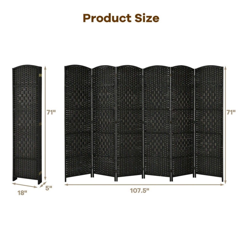 Spaco 6-Panel Weave Folding Fiber Room Divider Screen, 6.5 Feet Ultra-Large Room Divider, Room Divider Screen with Stable Construction for Indoor, Black