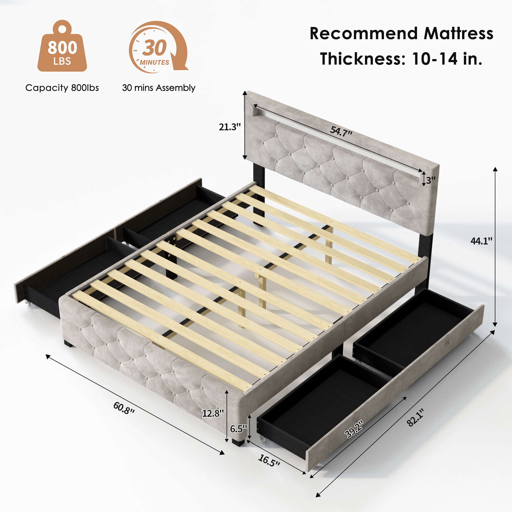 Queen Size Upholstered Platform Bed with 4 Drawers and LED Lights, No Box Spring Needed, Gray