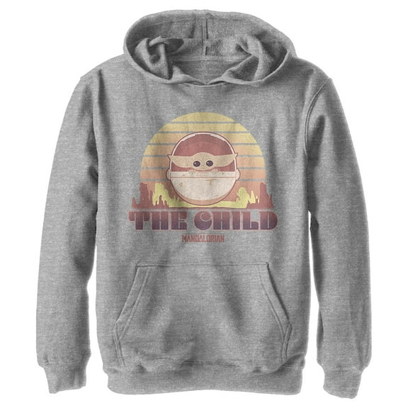 Boy's Star Wars: The Mandalorian The Child Cartoon Retro Sunset Pull Over Hoodie Athletic Heather X Large