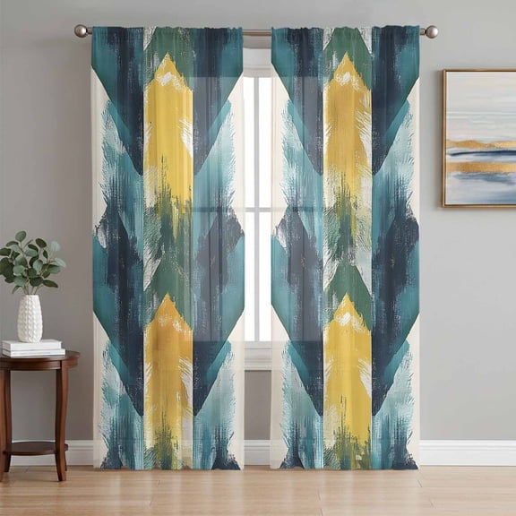 Turquoise Yellow Abstract Sheer Curtains 96 Inch Length 2 Panels Set, Teal Modern Smear Artwork Voile Window Treatment Semi Sheer Long Curtains Drapes for Bedroom/Living Room/Kitchen 52"x96"x2
