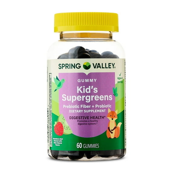 Spring Valley Kid's Supergreens   Prebiotic Fiber   Probiotic Dietary Supplement, 60 Vegetarian Gummies