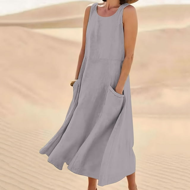 LOVZFMLL Dresses Women's Sleeveless And Linen Round Neck Solid Color Long Dress With Pocket