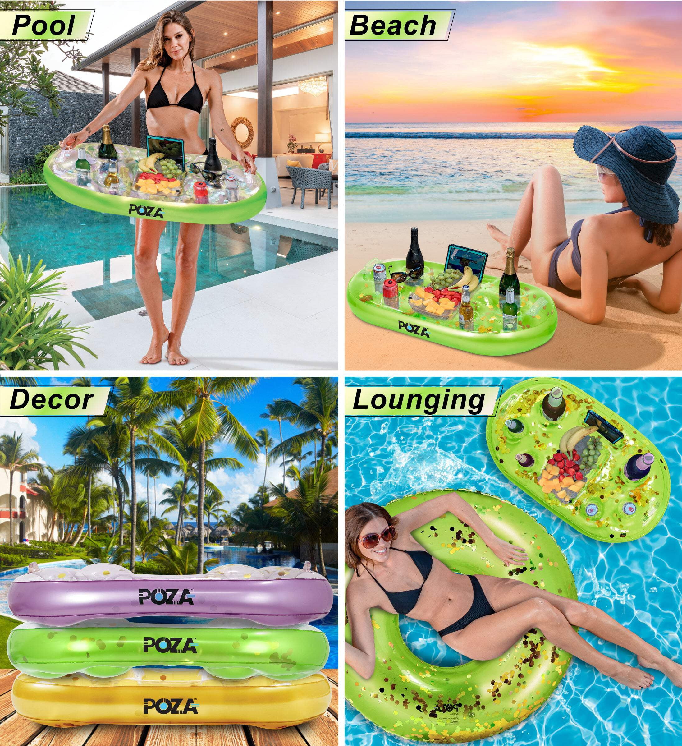POZA Inflatable Cooler Float - Luxury Inflatable Drink Cooler for Pool Filled with Sparkly Confetti, Premium Pool Party Cooler, Perfect Cooler Float for River, Beach or Pool - 39x23 Inch - Green Gold