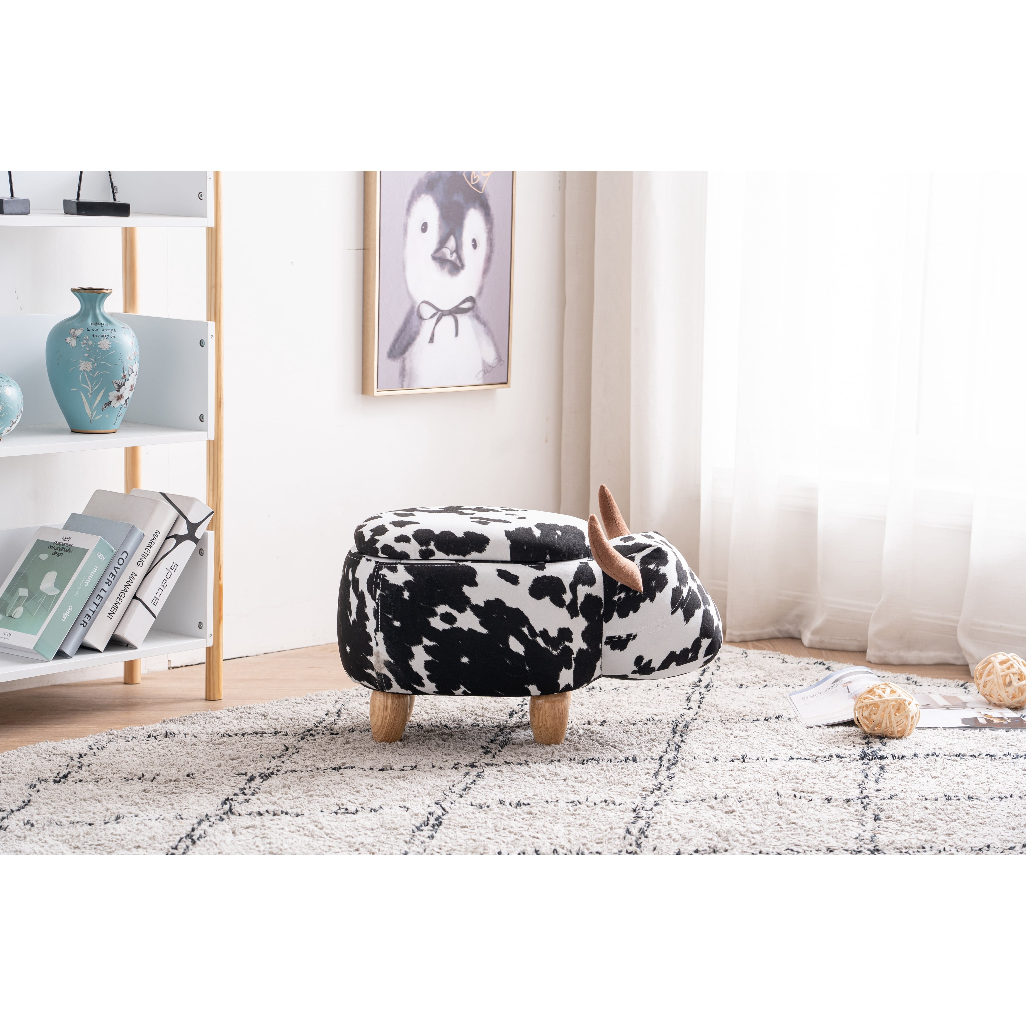 Animal Cow Storage Upholstered Kids Ottoman Black