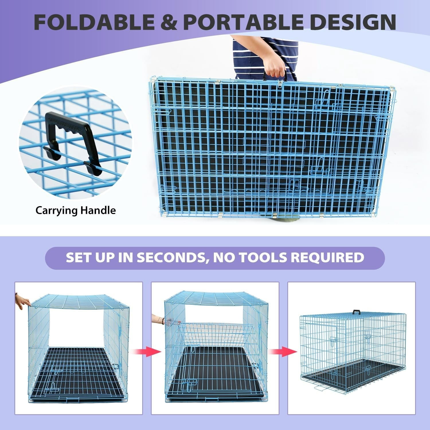 Extra Large Dog Crate Dog Kennel Cage with Double Door,48 inch Folding Metal Wire Dog Cage with Removable Tray&Divider Panel,Pet Crate for Large Dogs,Blue