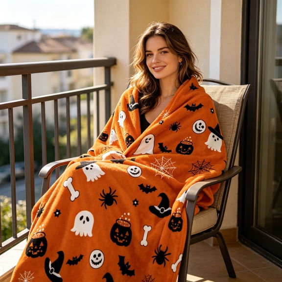 Aoznliie Halloween Blanket, Helloween Decor Plaid Throw Blanket with Ghost Bat Pumpkin Print, Soft Warm Fall Blanket for Couch Bed,40×28 in (S-3XL)