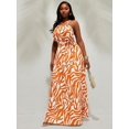 thumbnail image 3 of Orange Abstract Zebra Print Halter Neck Tie Waist A-Line Maxi Dress For Women, 3 of 8