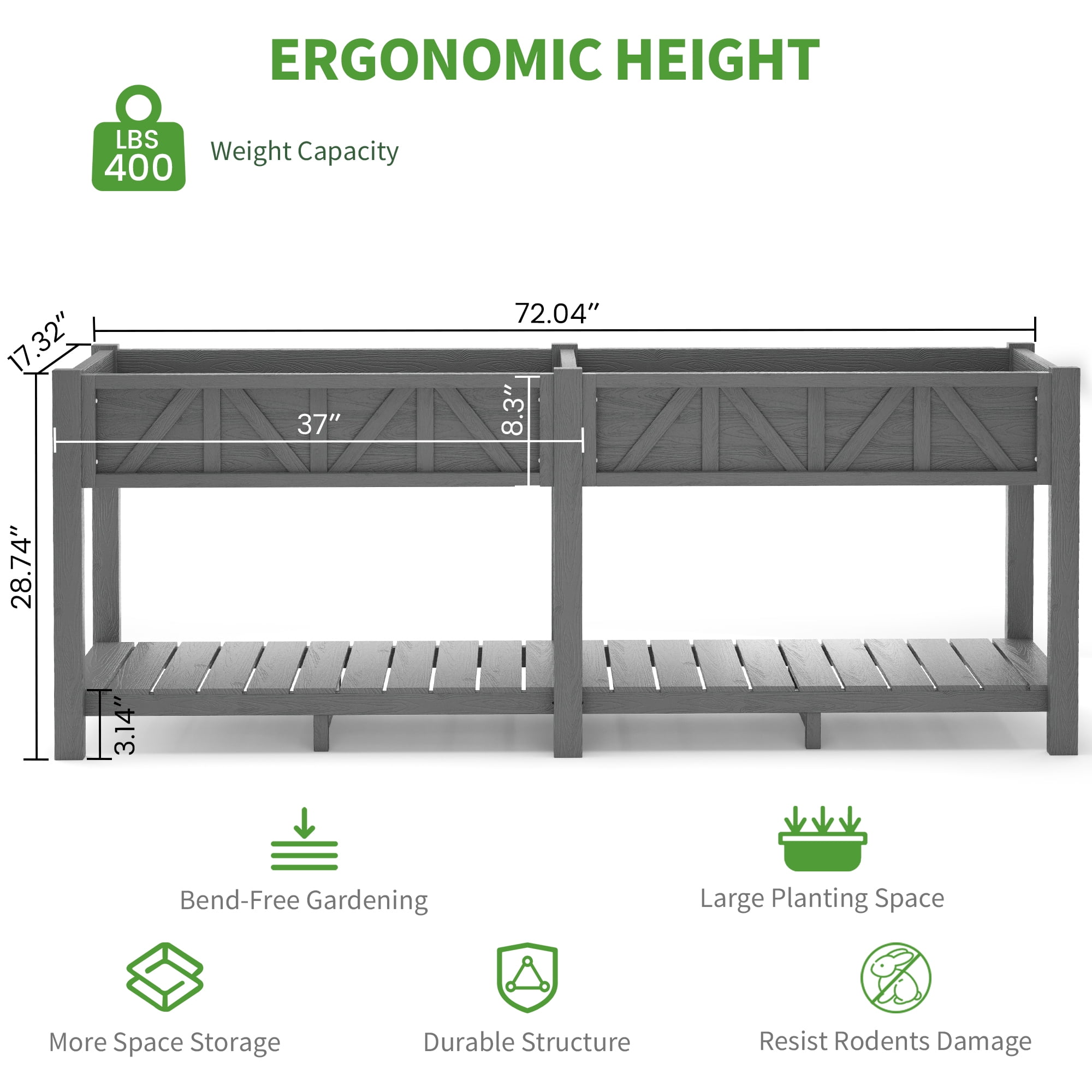 AwayHome 72"L x 17.3"W x 28.7"H 2-Tier Gray Outdoor Elevated Raised Garden Bed with Legs&Handle