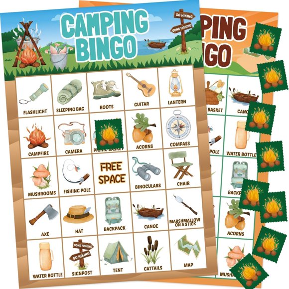 Juego de bingo Fancy Land Camping para niños de 24 jugadores al aire libre
