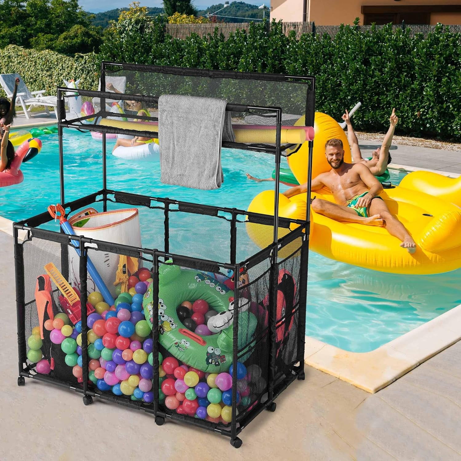Mesh Pool Storage Organizer Bin Pool Noodles Holder Rolling Cart Double Decker with Metal Frame Noodle Rack, Extended Sturdy Connectors for Stability, XX-Large, 49" L x 30" W x 61" H, Black