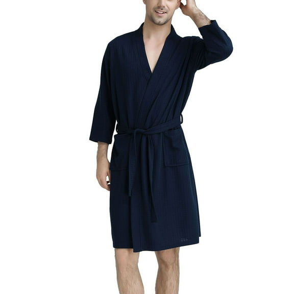 SWSMCLT Men's Waffle Bath Robe Long Robe Thin Medium Fall Comfy Kimono Bath House V Neck Soft Knee Length Navy X-Small-Small