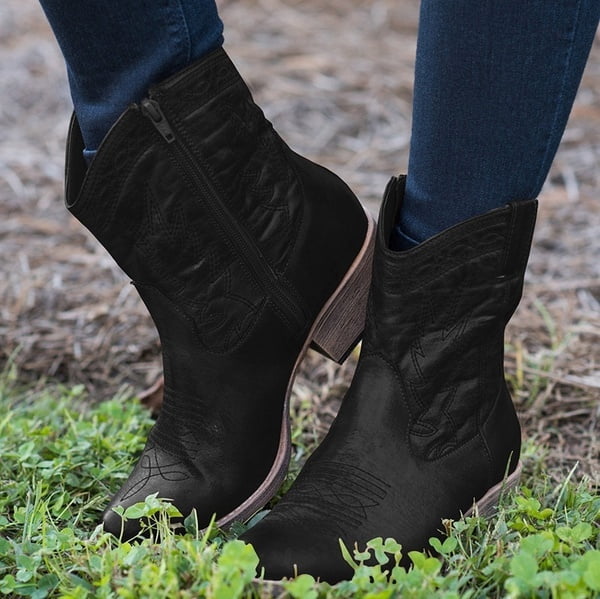 Women Chunky Low Heel Cowboy Leather 