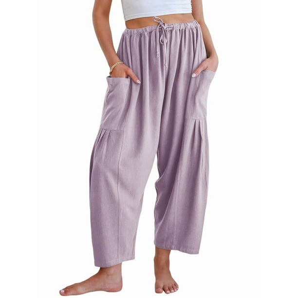 Pantalones Palazzo Harem Informales Holgados con Cordón para Mujer, para Verano, Playa, Viajes, Vacaciones, con Bolsillos. Púrpura Lavanda XL