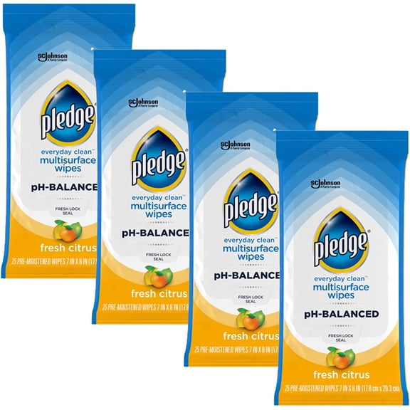 Pledge Multisurface Cleaning Wipes, pH Balanced, Fresh Citrus, 25 Count (Pack of 4, 100 Total Wipes)