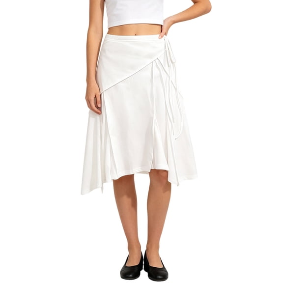 Wxolcjlv Women's Asymmetrical Wrap Midi Skirt Side Tie Waist Irregular Hem Flared Skirts
