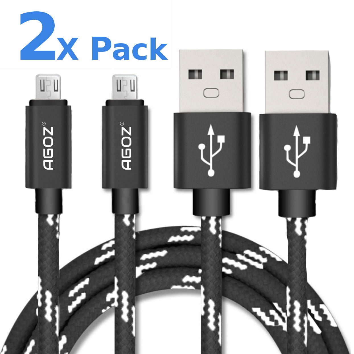 2 PACK 4ft AGOZ Braided Micro USB FAST Charging Charger Data Cable Cord for LG Zone 4 LM-X210VPP, Stylo 2 PLUS MS550, Stylus 2 LTE K520 Stylo 2 (L81AL L82VL LS775)