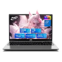 15.6" FHD IPS Student Laptop Computer 16GB RAM 1TB SSD 4 Cores 13th Gen Intel N150(Beat to i3-1115G4, Up to 3.6GHz) 65W GaN Type-C Fingerprint Backlit Keyboard Wi-Fi 6 Gray